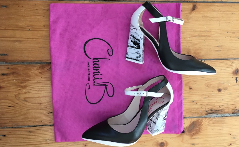 Black and white heels on pink Chanii B material